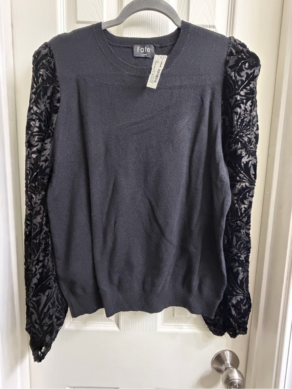 Fate Black Crewneck Sweater with Velvet-Textured Puff Sleeves